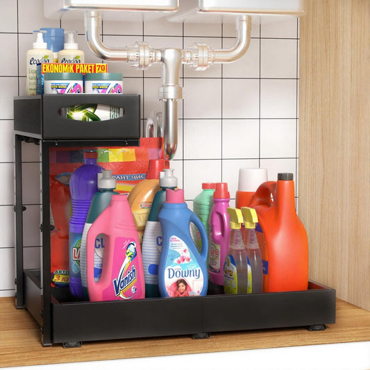 Housolution Under Sink Organizer, 13"-20" Width Expandable, 13"-17" Height Adjustable, 2 Tier Metal Pull Out Under Sink Storage Rack with 3 Sliding Rails for Kitchen Bathroom Cabinet, Single Side