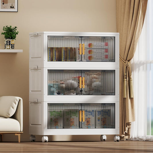 77Gal Stackable Plastic Storage Bins with Lids, Collapsible Closet Organizers and Storage with Wheels for Living Room,Office,Dorm, 30.5" W x 14.6" D x 40" H, 3 Tier