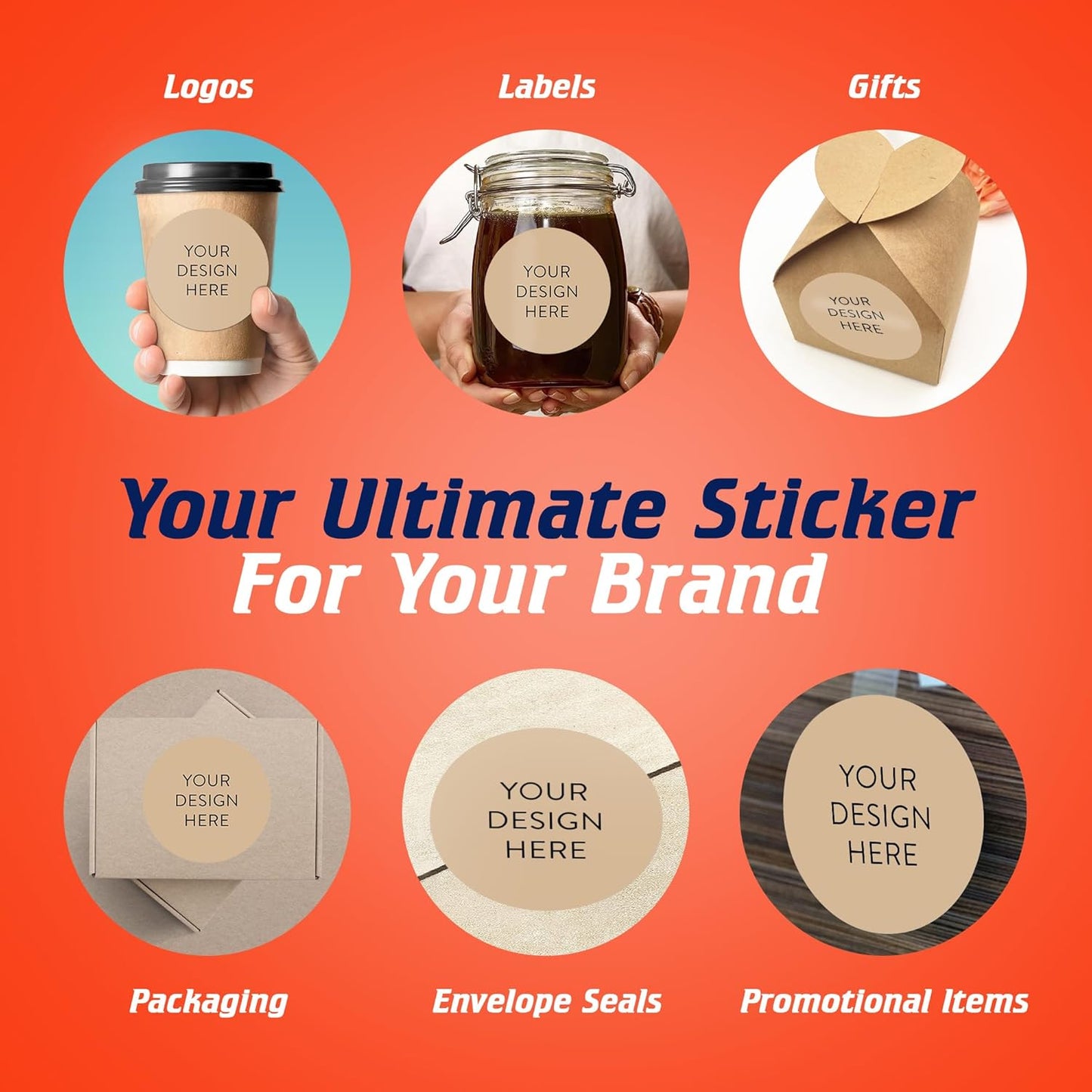 100 Custom Vinyl Stickers - Upload Your own Image, Text, Design, Logo - Personalized Logo Labels for Handmade, Packaging, Bottle, Jars, Candle, Brand Stickers (Brown, 5x5)