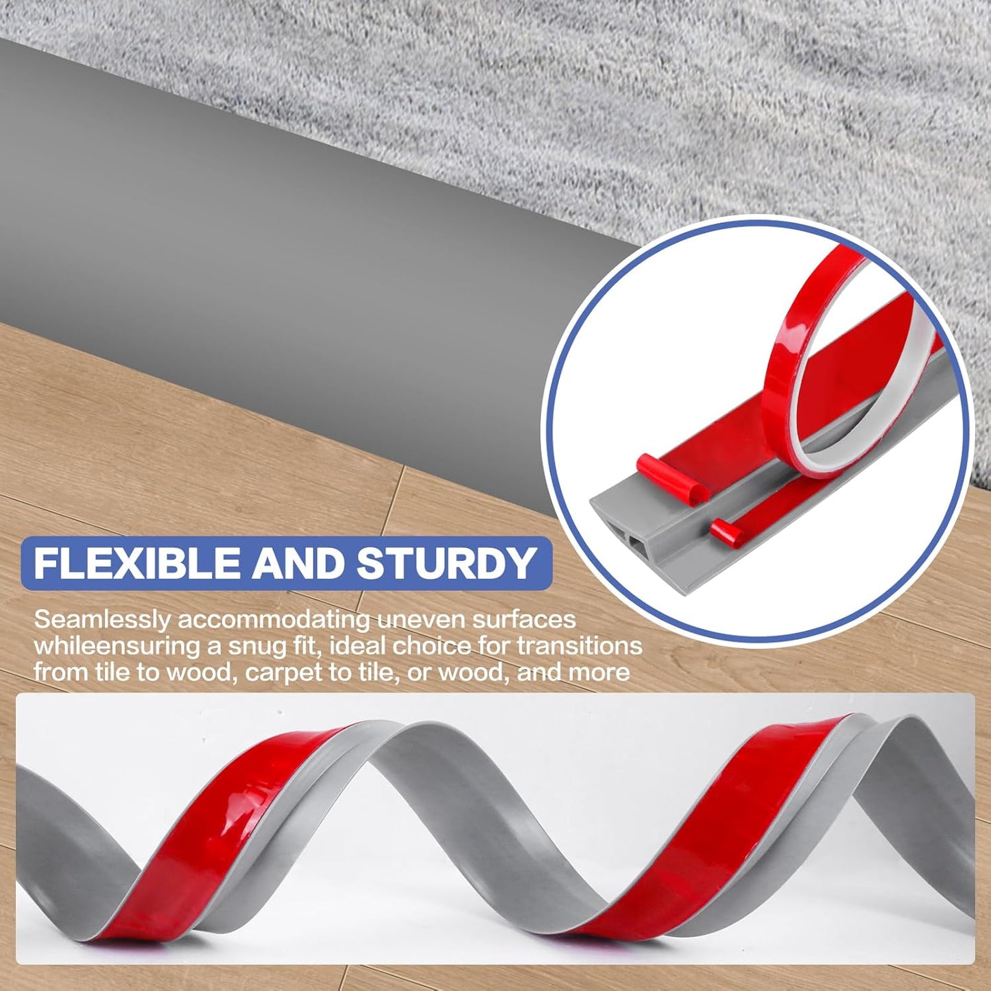 Floor Transition Strip Vinyl Door Threshold Ramp Self Adhesive Carpet Edging Strip Doorway Edge Trim, Overlap Edge Reducer for Laminate Carpet, Floor, Tile (Gray, 2/5" to 3/5", 6.6Ft)