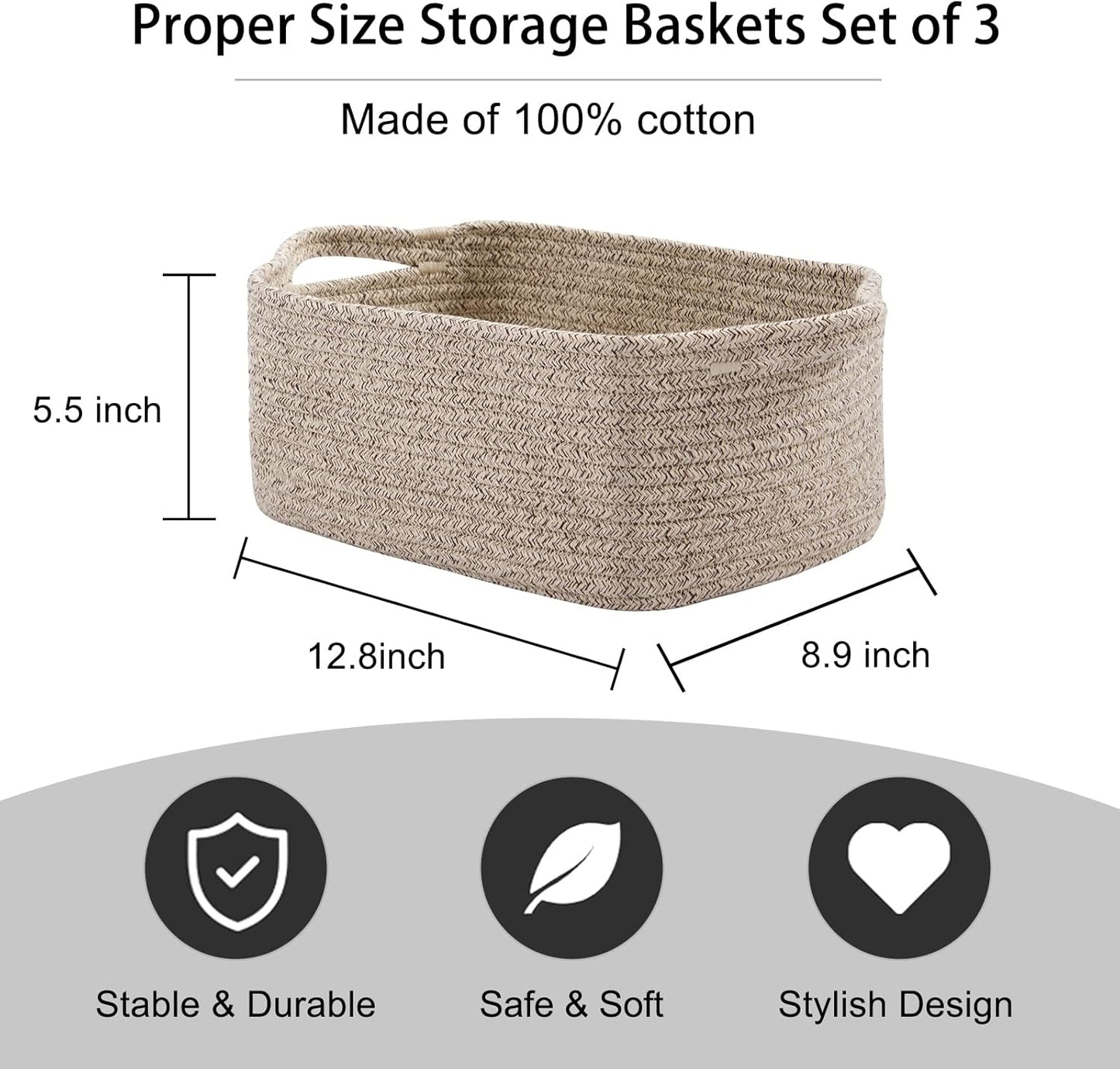 OIAHOMY Cotton Rope Baskets, Woven Baskets for Storage, Nursery Storage Baskets, Rectangle Storage Basket with Handles, Storage Baskets for Shelves, Pack of 3, Brown Variegated