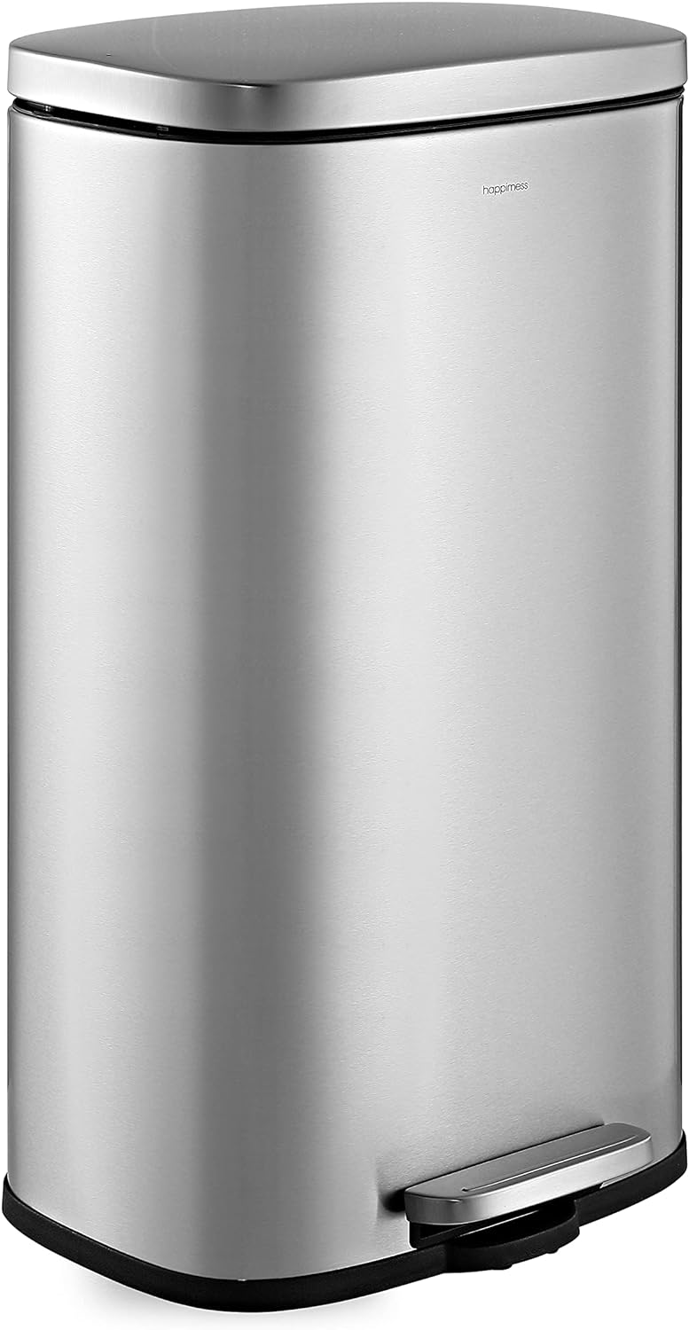 happimess HPM1011A Curtis 8-Gallon Step-Open Trash Can with Soft-Close Lid, Modern, Minimalistic, Fingerprint Proof for Home, Kitchen, Laundry Room, Office, Bedroom, Bathroom, Chrome