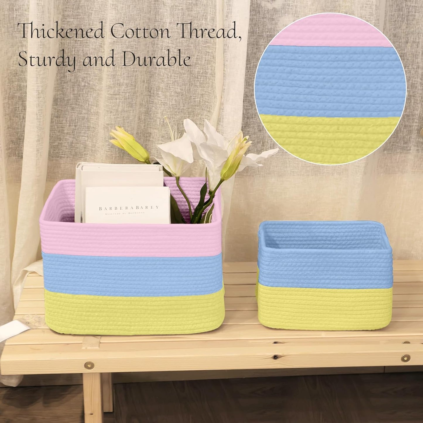 Hopegiver Woven Storage Baskets 15x11x10 Inch, 3 Pack Collapsible Cube Storage Bin for Shelves - Foldable Cotton Rope Organizer Bins for Towels, Toys, Books, Closet, Nursery (Pink Blue Yellow)
