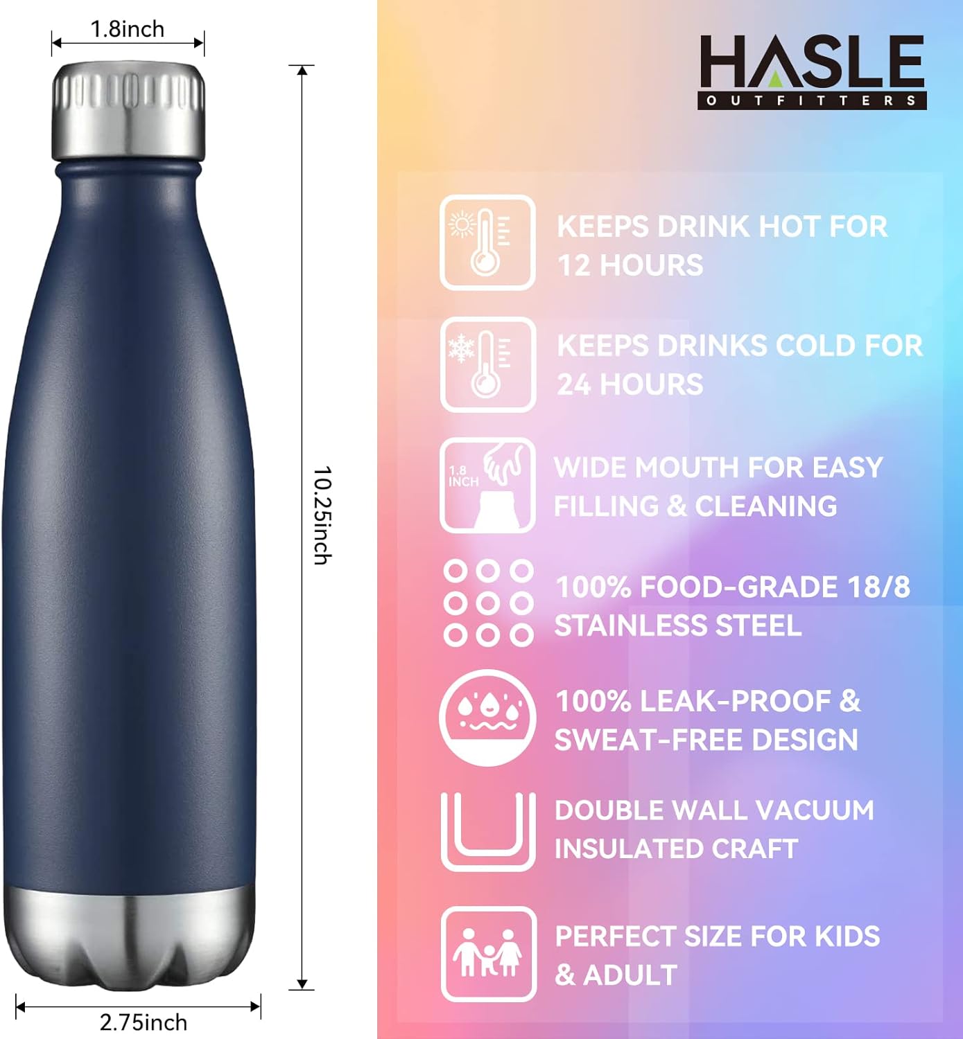 HASLE OUTFITTERS 17oz Stainless Steel Water Bottles Bulk, Vacuum Insulated Water Bottles Double Walled Powder Coated Reusable Metal Sports Water Bottles Keep Drinks Hot and Cold, Navy, 8Packs