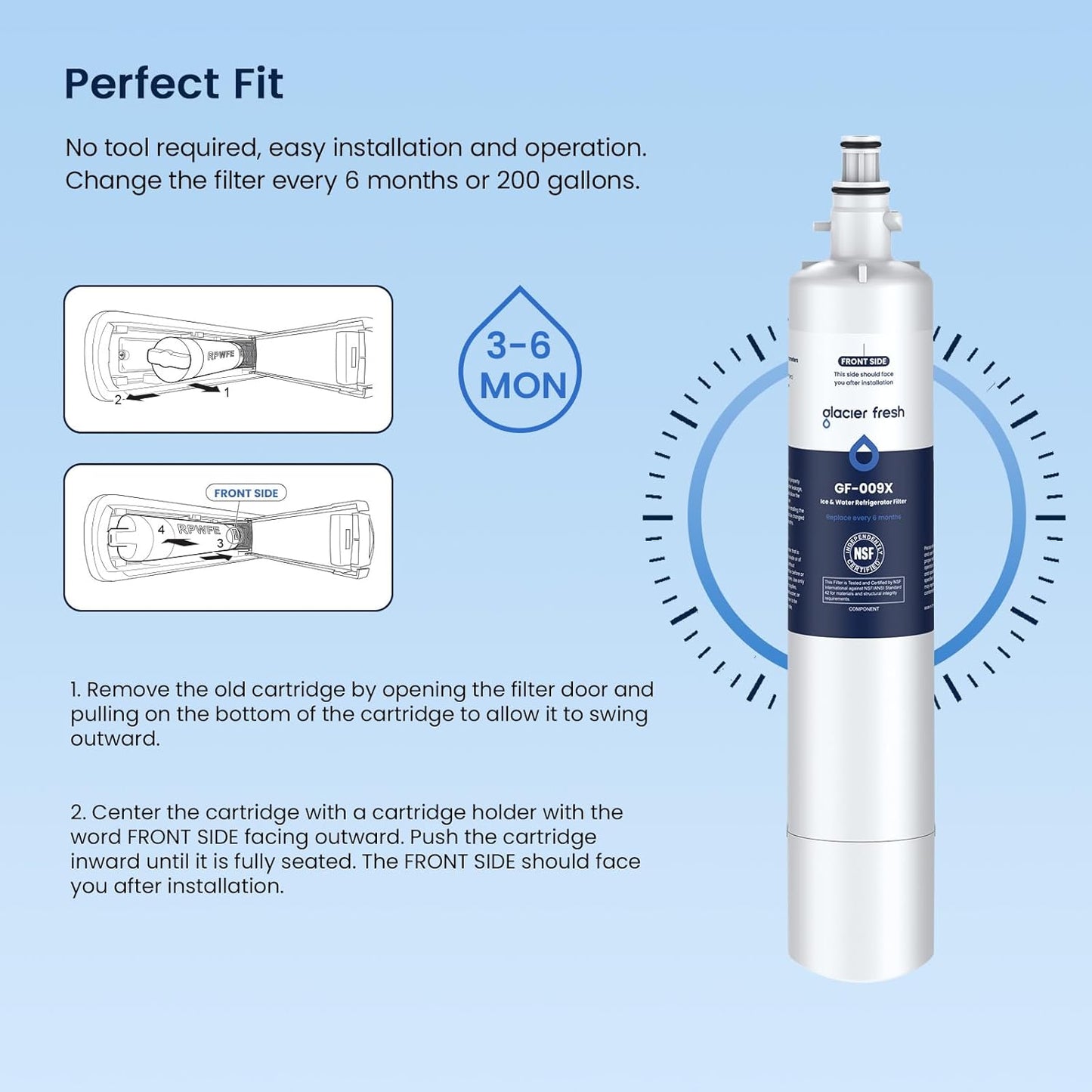GLACIER FRESH Replacement for RPWFE, RPWF (Built-in CHIP) Refrigerator Water Filter, Compatible with GFE28GYNFS, GFE28GELDS, PFE28KELDS, PFE28KYNFS, GFD28GELDS, PWE23KELDS, PWE23KMKES, 2 Pack