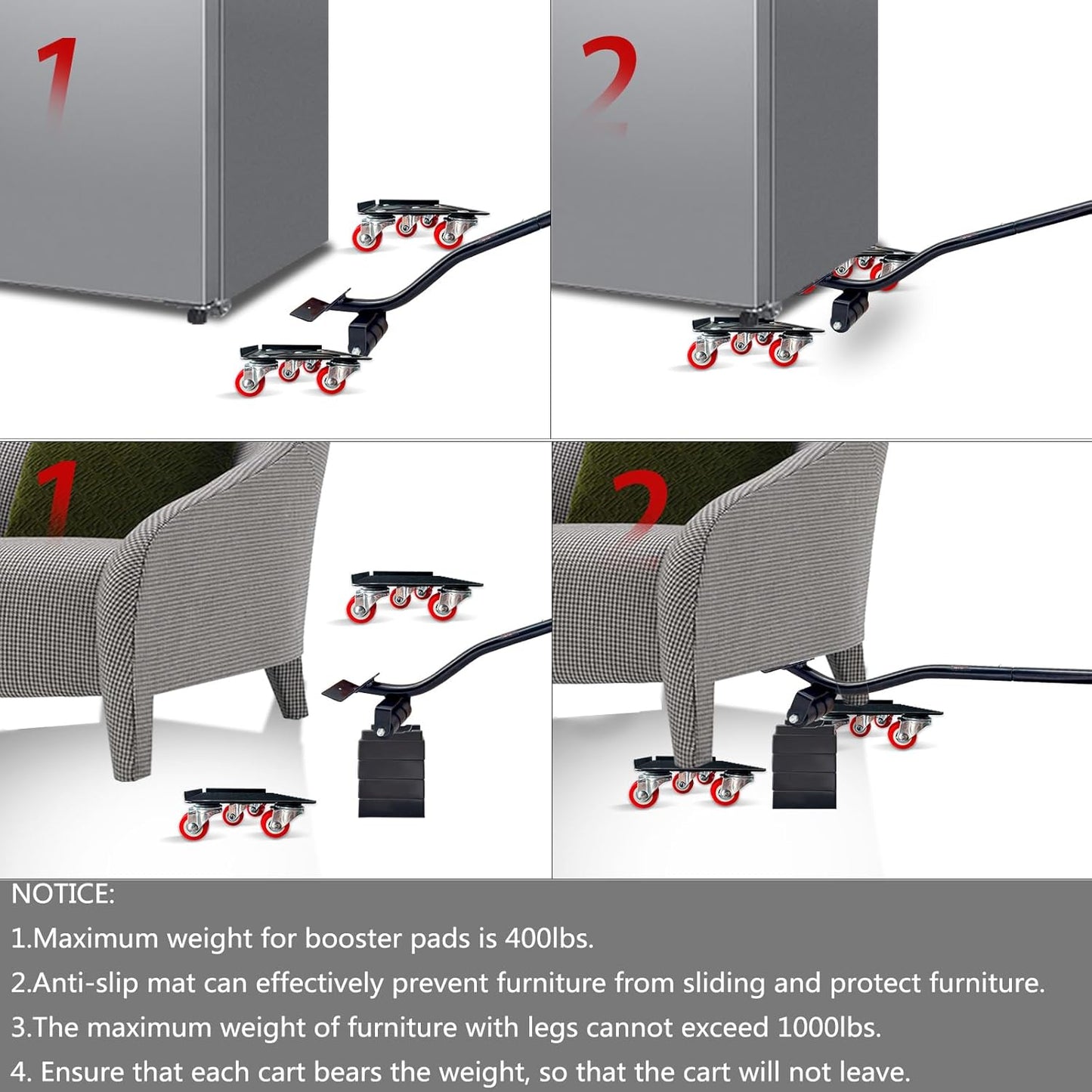 Furniture-Dolly-Furniture-Movers with-5-Wheels, Furniture Sliders Lifters Tool Set for Moving Heavy Duty, Furniture Dollies, Max Capacity 1650Ib Red