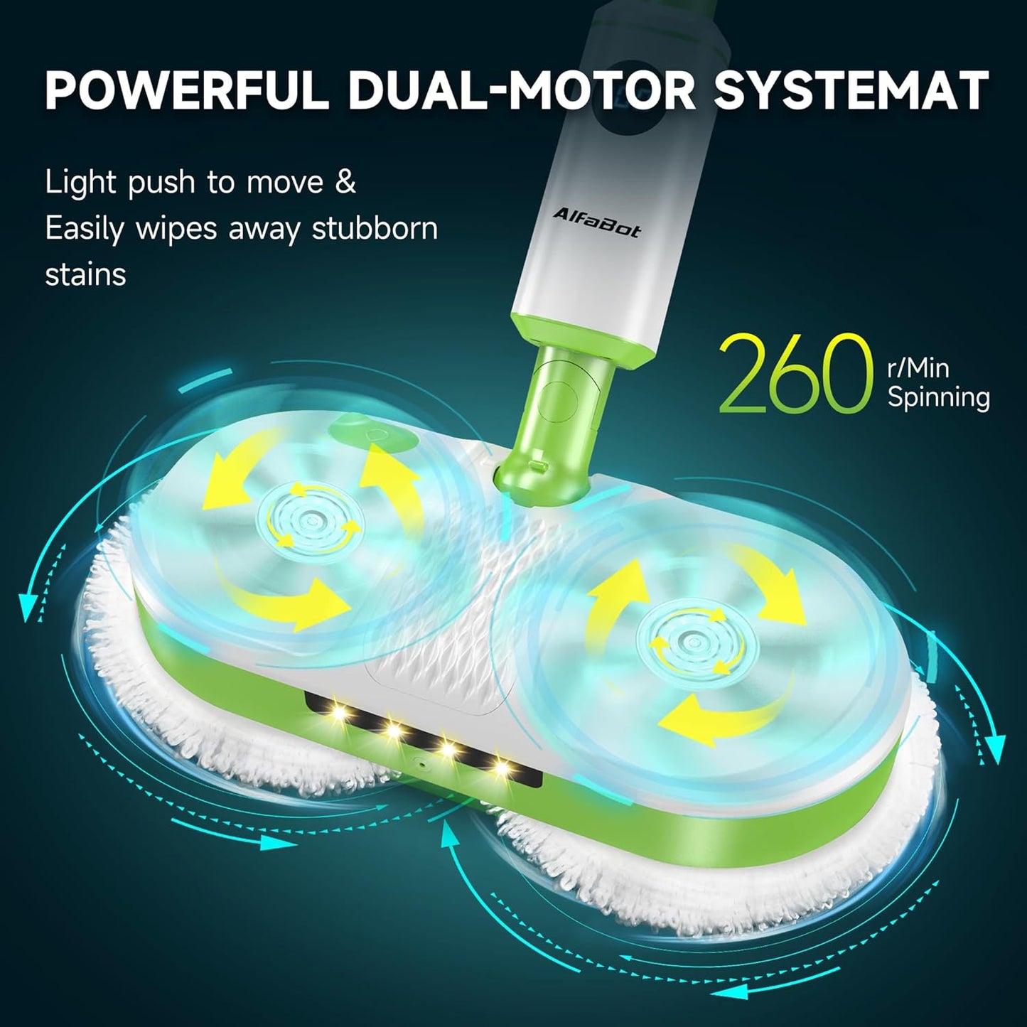 AlfaBot Cordless Electric Mop for Floor Cleaning, Dual Spin Mop with LED Headlight/Water Spray/Self-Propelled,Clean up to 2700 ft²,Rechargeable Electric Mops with Big Water Tank for Multi Floors