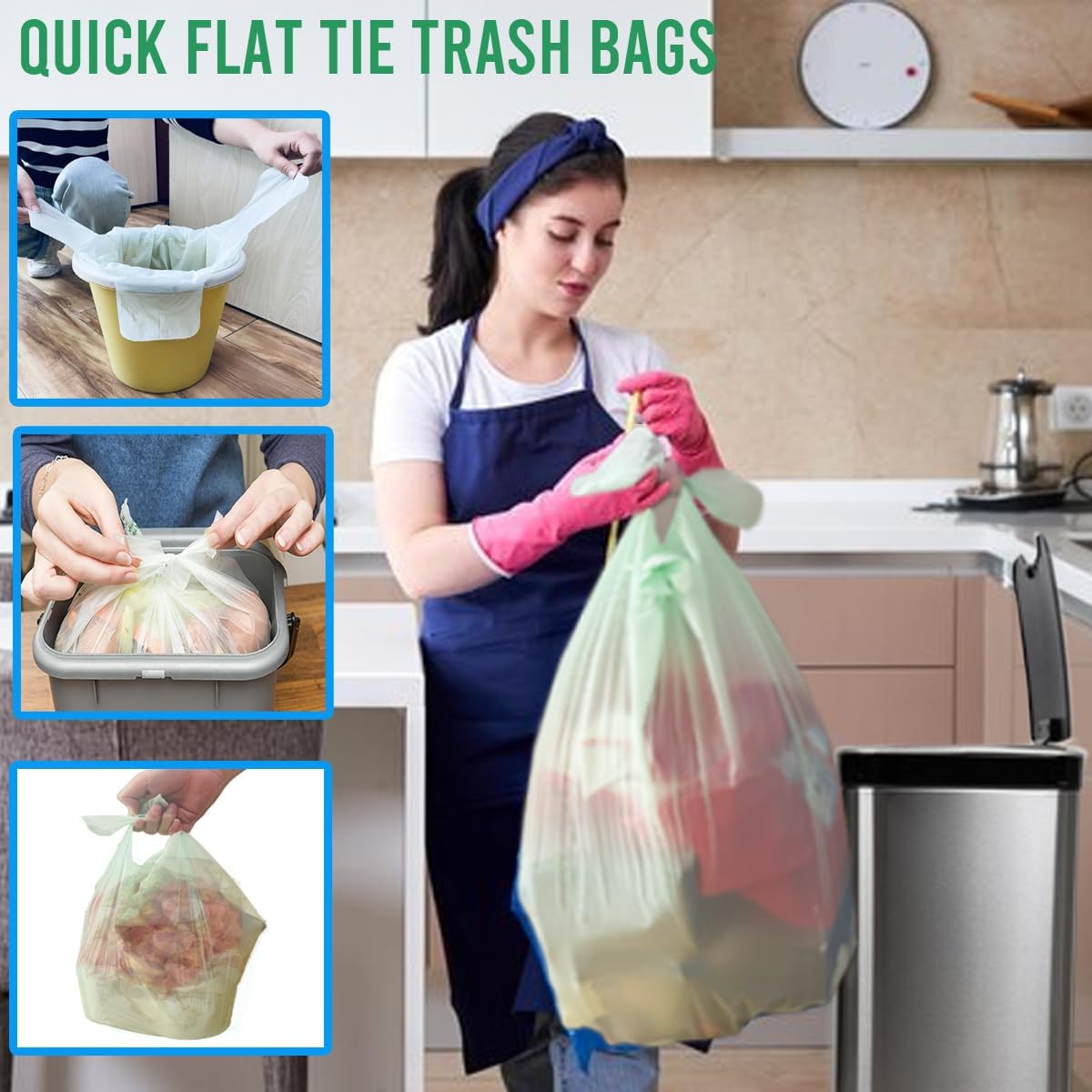 13 Gallon Flap Tie Compostable Trash Bags, 50 Count, Compost Bags Tall Kitchen Trash Bags, Sturdy Biodegradable Garbage Bags Food Scrap Waste Bags, ASTM D6400, US BPI Certified, Green