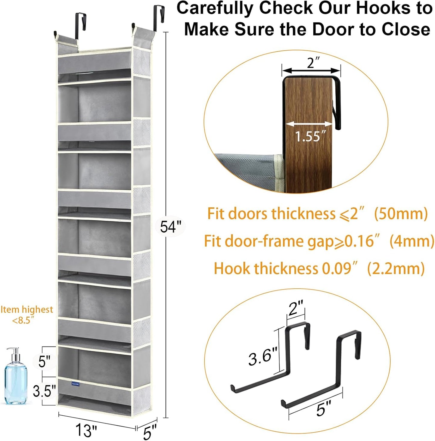 2 Pack Over The Door Hanging Organizer 6-Shelves and 12 Side Pockets, Over The Door Storage for Bathroom and Bedroom, Back of Door Organizers for Baby Products and Kid's Toys(13"x5"x54" Grey)