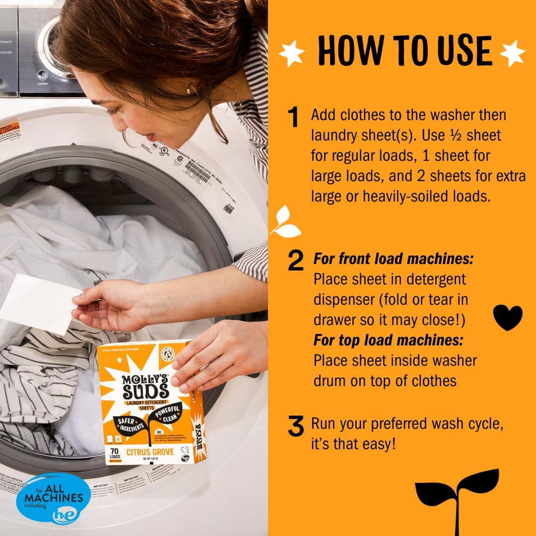 Molly’s Suds Laundry Detergent Sheets | Gentle on Sensitive Skin, Powerful Bio-Based Enzymes, Stain-Fighting | Liquidless & Plastic-Free Packaging | 120 Loads (Citrus Grove)