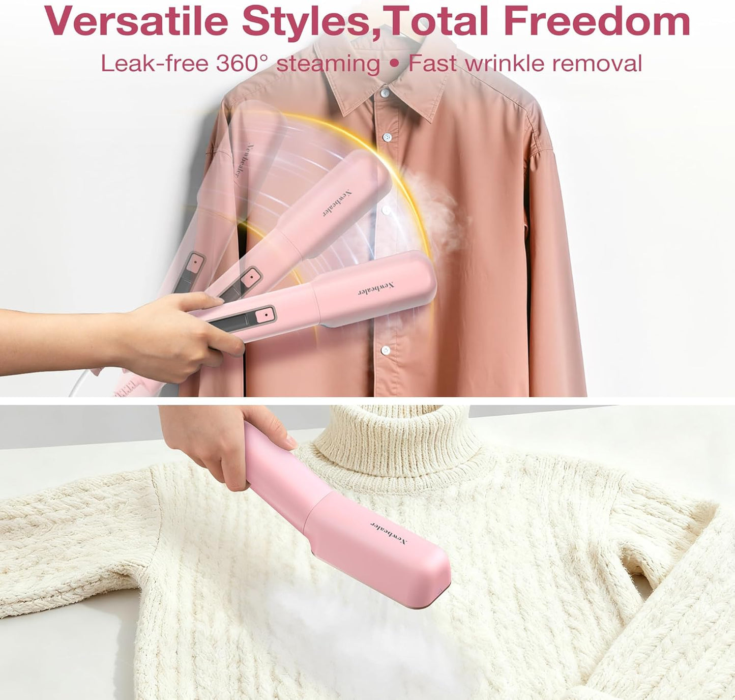 Newbealer 2in1 Travel Iron with Global Voltage, 100-240V Clothes Steamer, Dry Ironing & 2 Steam Levels, Non-Stick Ceramic Soleplate, Fabric Wrinkle Remover, Auto-off, Self Cleaning, No Clamp (Pink)