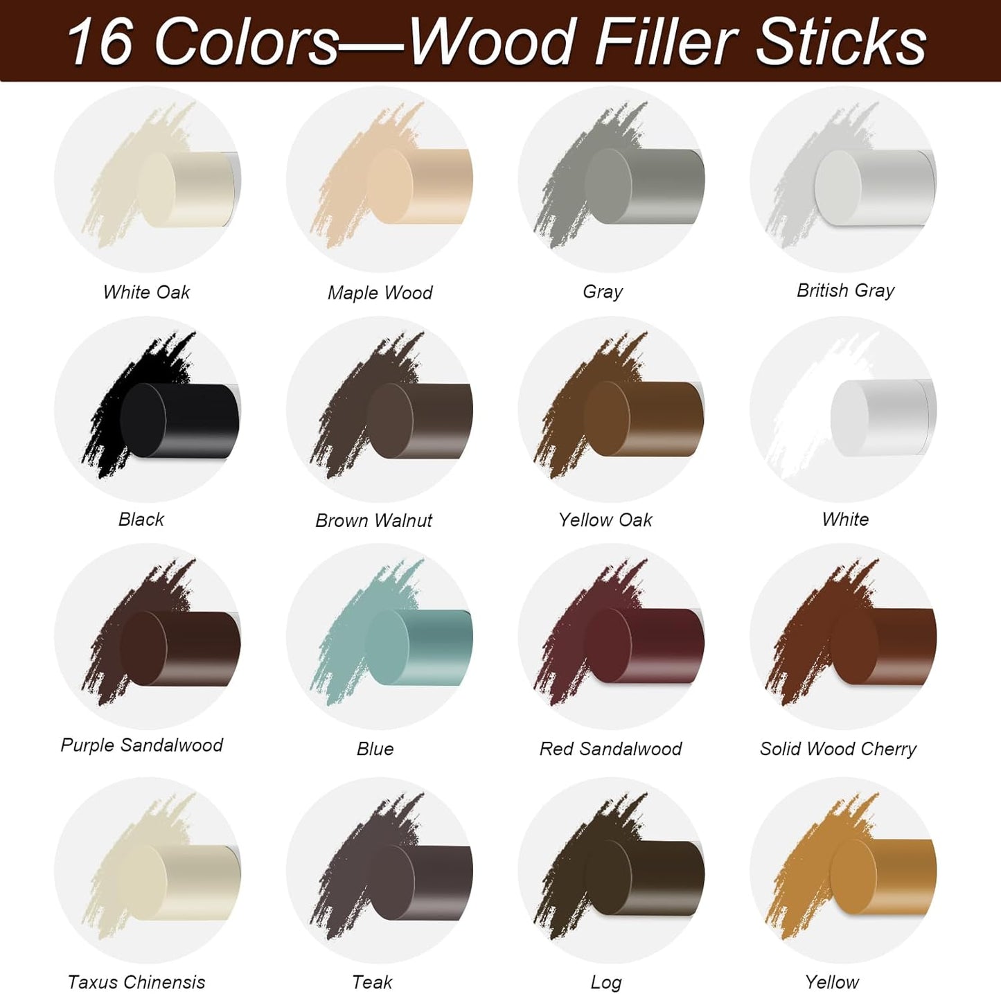 16+4P Wood Filler Sticks with 1P Box, 1P Knife, 1P Scraper and 1P Rag, Pletpet 16 Color Furniture Crayon Touch Up Wood Filler Nail Hole Wax Sticks for Repairing Scratches and Nail Holes (16p)