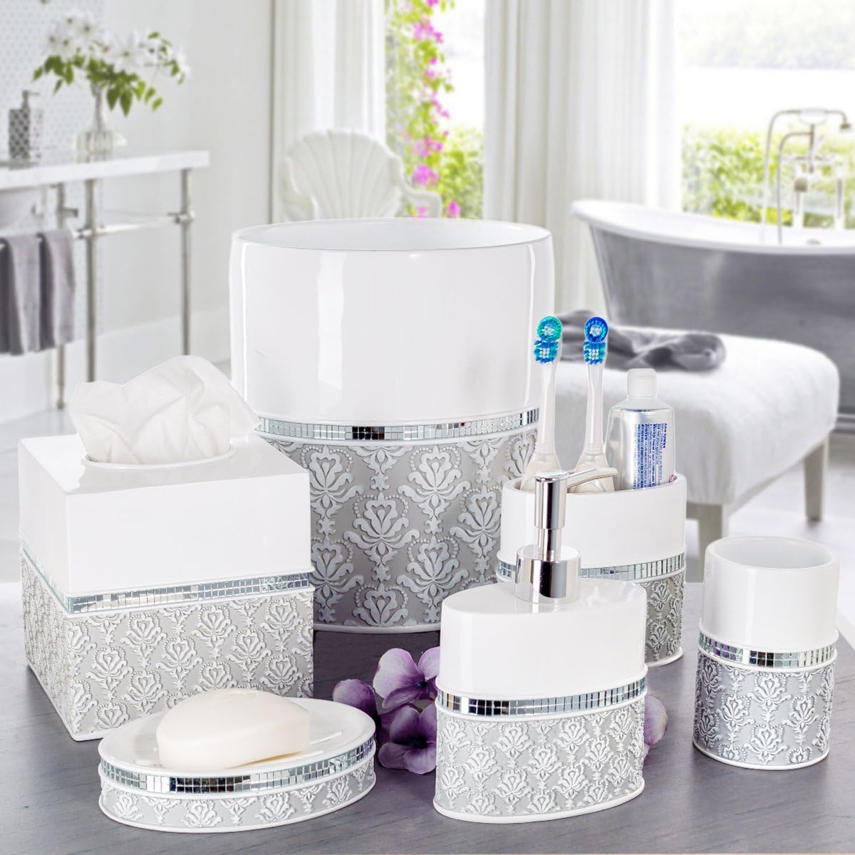 Creative Scents Mirror Damask White and Gray Bathroom Accessories Set - 6 Piece Bathroom Accessory Set Includes: Trash Can, Tissue Box Cover, Soap Dispenser, Soap Dish, Toothbrush Holder & Tumbler