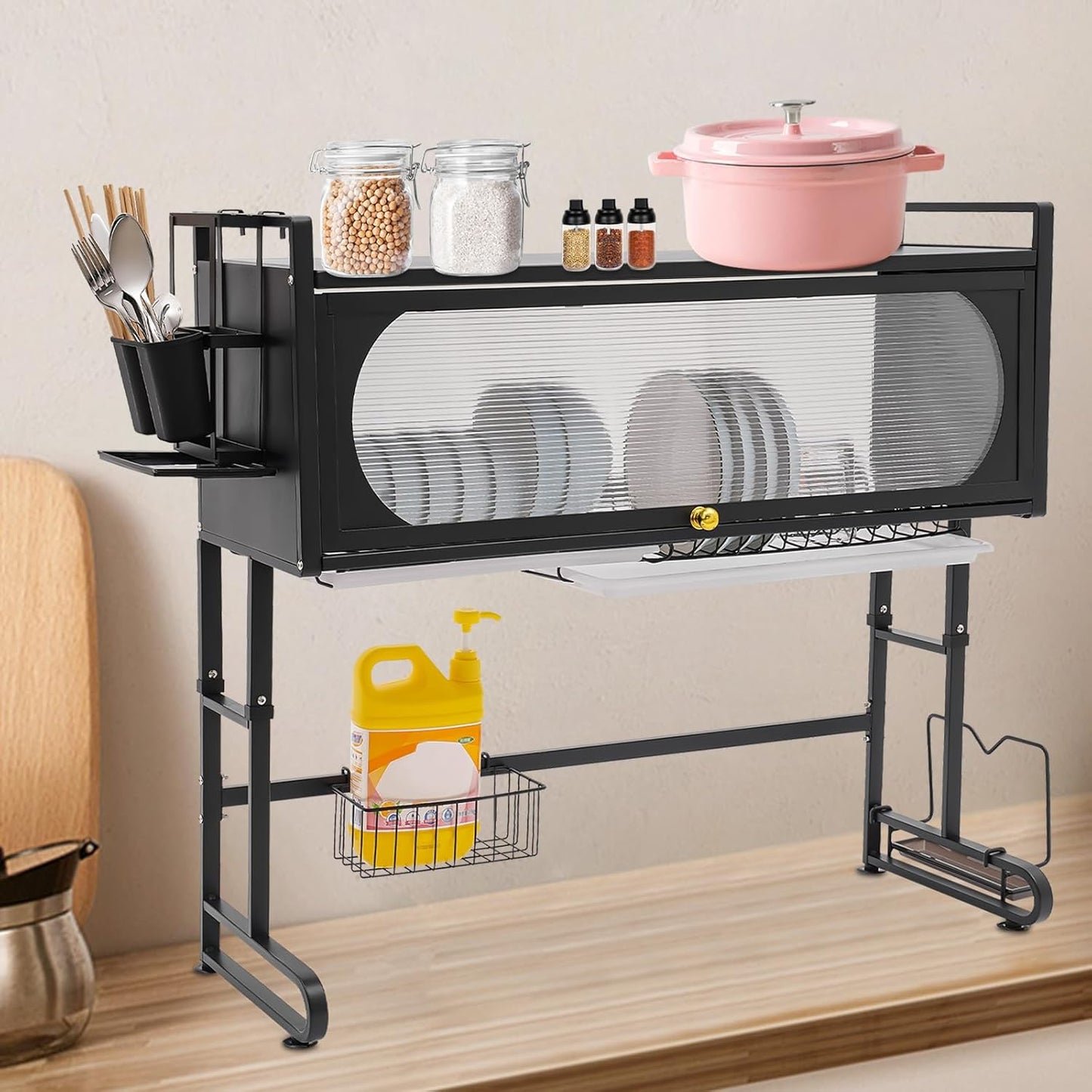 3 Tier Over The Sink Dish Drying Rack W/Clear Cabinet Door, Adjustable Dish Drainer Rack, Black Large Dish Rack, Expandable Shelf Rack W/ Utensil Holder, Dish Drainer Kitchen Organizer for Home Use