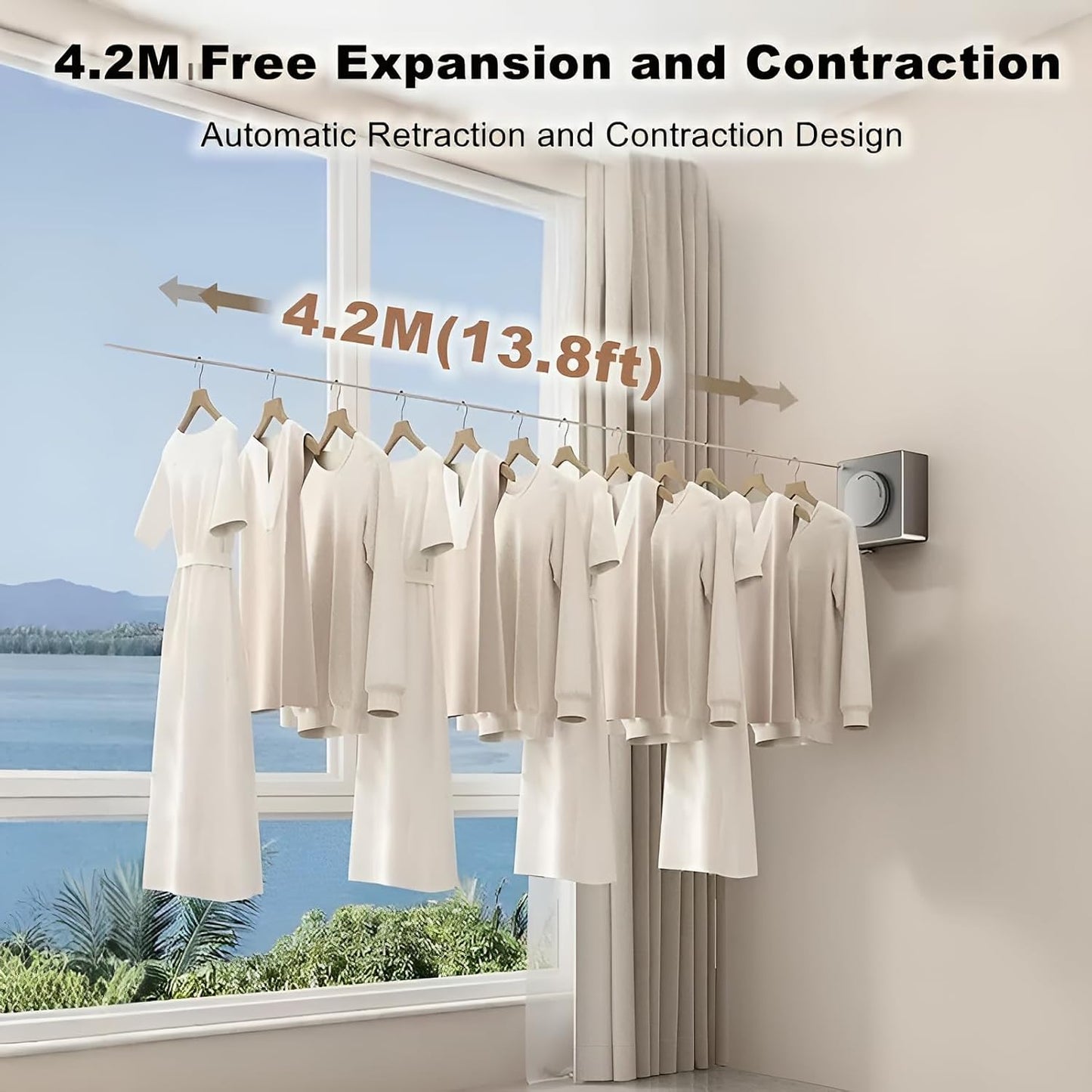 13.8ft(4.2M) Retractable Clothesline, Non-sag Clothesline, Indoor & Outdoor Heavy Duty Retractable Clothesline, Wall Mounted Stainless Steel Washing Line (Black)