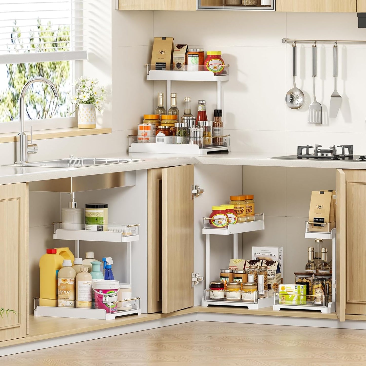 heart & home 2-Pack Under Sink Storage Organizer for Kitchen & Bathroom Cabinets with Removable Washable Tray, Tool-Free Assembly – Multi-Purpose for Countertop, Laundry & Vanity, White