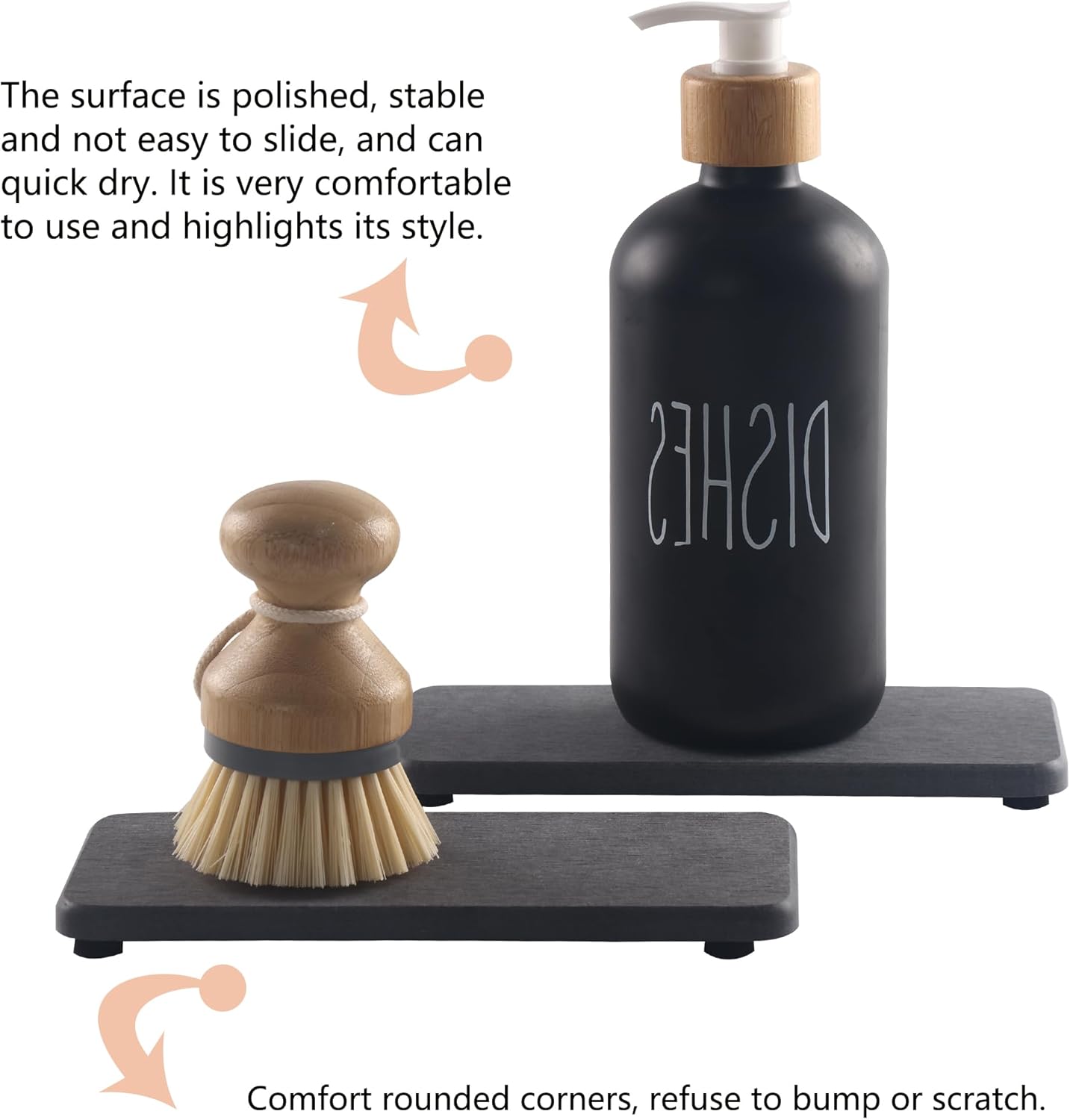 2 Pcs Water Absorbing Stone Trays, Kitchen/Bathroom Sink Soap Dish, Diatomite Tray Used for Hand Soap & Cosmetic Bottles in The Modern Home, 3.5" W x 7.1" L, Dark Gray