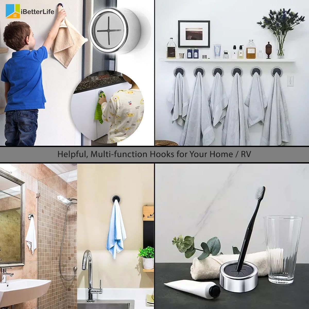 iBetterLife Adhesive Towel Holder for Kitchen - 4 Pack Dish Towel Hooks for Cabinet, Push Hand Towel Hanger, Dish Cloth Rag Holder for Home Bathrooms, Kitchens, Garages, RV, Within Easy Reach, Grey