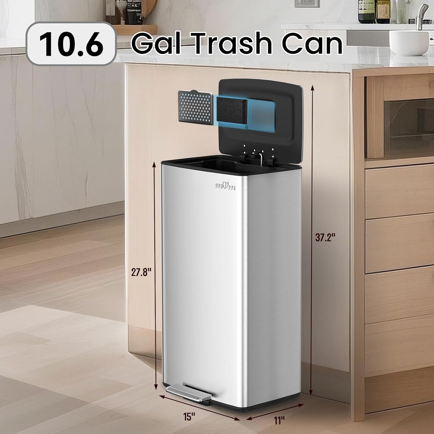 mVm 10.6 Gallon Kitchen Step Trash Can, Soft-Close and Foldable Foot Pedal Heavy Duty Bin for Offices Dorms Home Rooms (Gray)