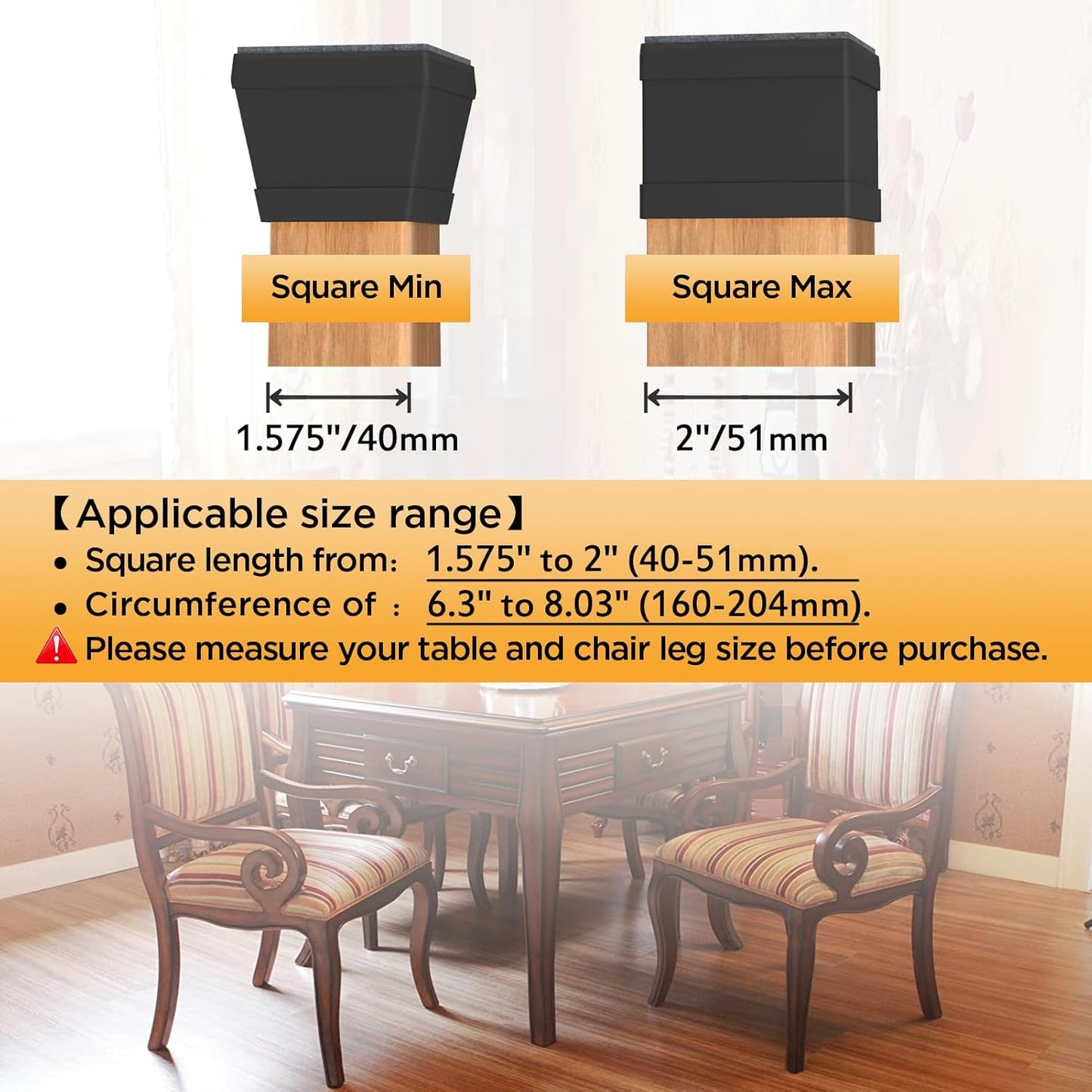 16 PCS Square Chair Leg Floor Protector, Silicone Chair Leg Cover, Furniture Leg Protectors with Felt, Mobile Table Leg Pad, Protect The Floor from Scratches.2 in Black.