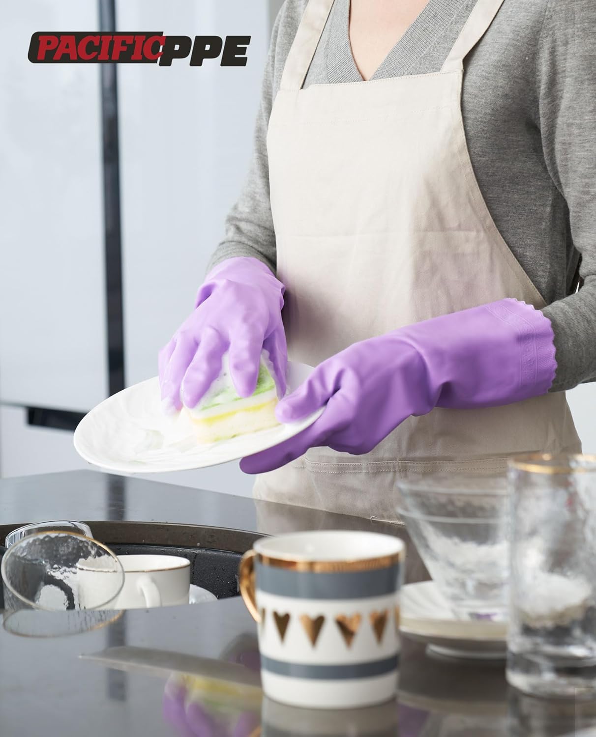 PACIFIC Cleaning Gloves with Latex free, Dishwashing Kitchen Gloves with Cotton Flocked Liner, Reusable, Non-Slip, Water Resistant Household Gloves, Purple, Medium