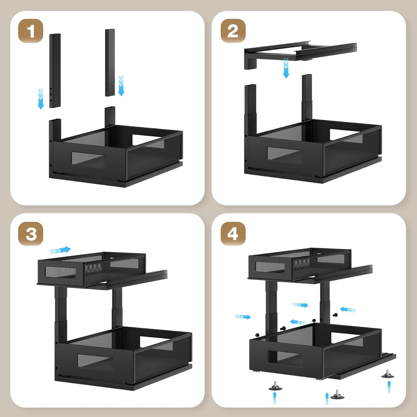 2 Pack Under Sink Organizer with Next-Gen Ball-Bearing Slides,2-Tier Pull Out Cabinet Storage,Height Adjustable Drawer Shelf for Bathroom,Kitchen,Laundry,Cabinet,Pantry(Patent Pending)