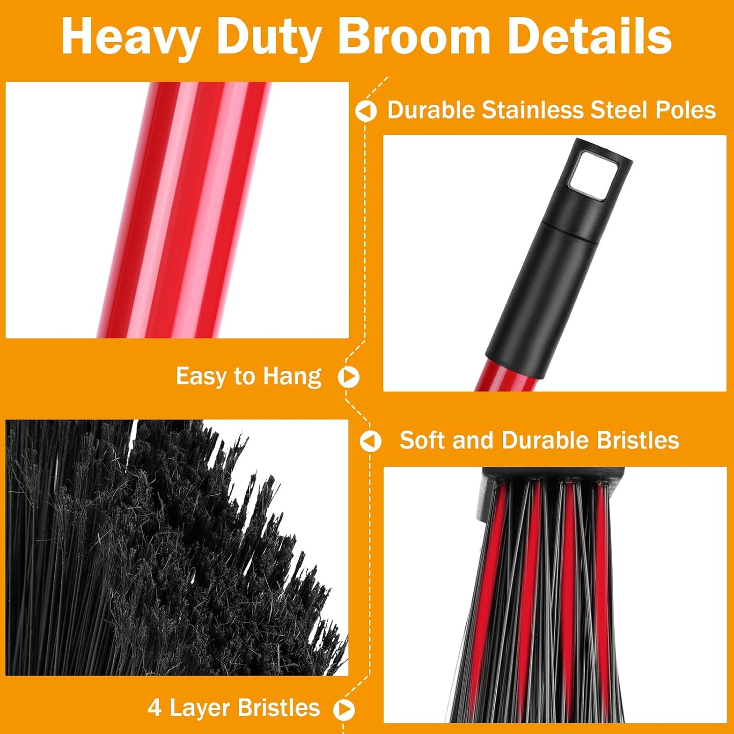 Maxcheck 6 Pcs Broom and Dustpan Set 54 Inch Heavy Duty Indoor Brooms with Dust Pan Combo Bulk for Commercial Shop Angle Home Office Lobby Kitchen(Red)