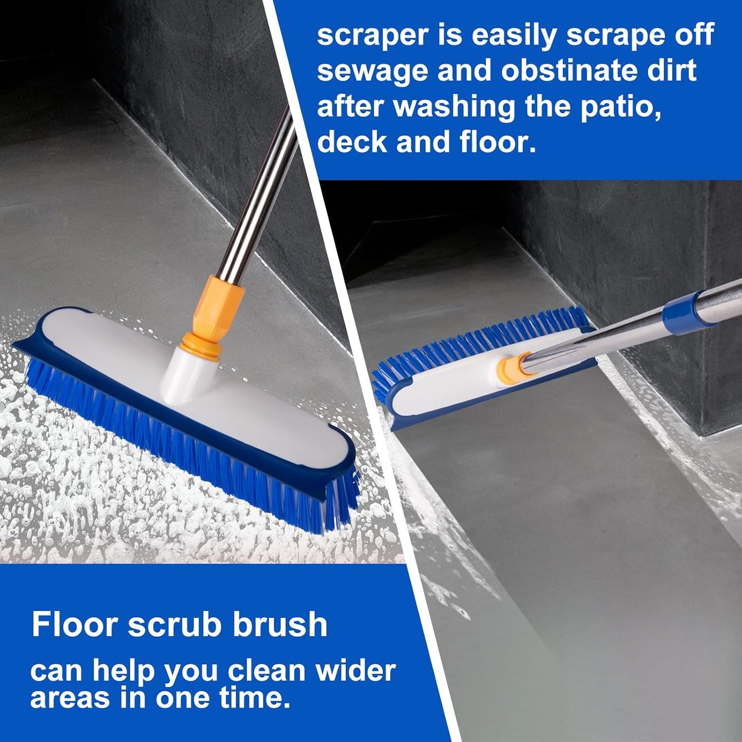 ITTAHO Floor Scrub Brush - 2 in 1 Deck Scrub Brush with Long Handle for Tile, Deck, Patio, Marble, Garage, Wall, Kitchen, Bathroom