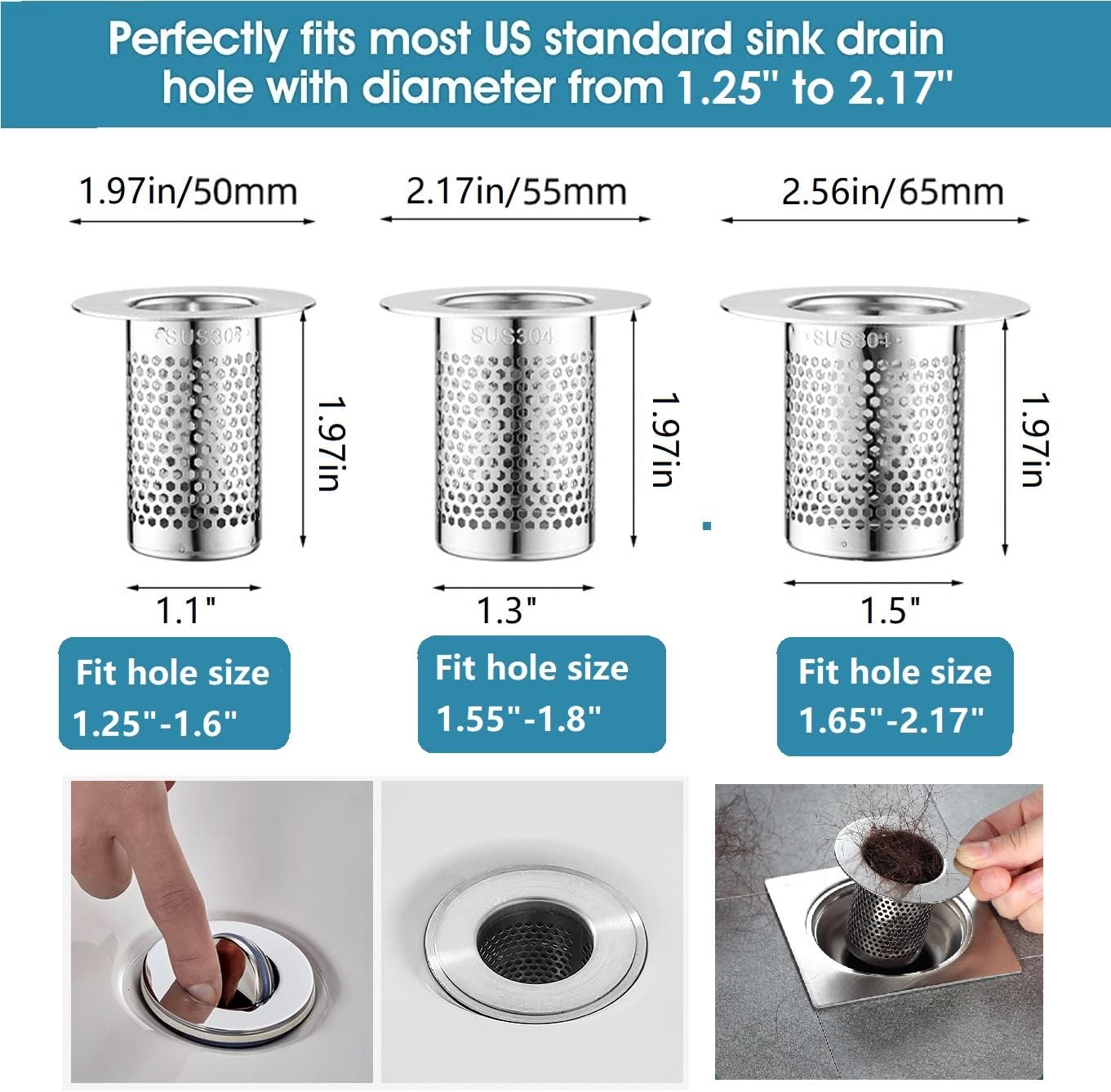 Hair Catcher Shower Drain, Bathtub Drain Cover, Deep Stainless Steel Sink Strainer for Bathroom Sink Bathtub Shower Floor Drain, Fit Hole Size from 1.25in to 2.17in(3-Pack)