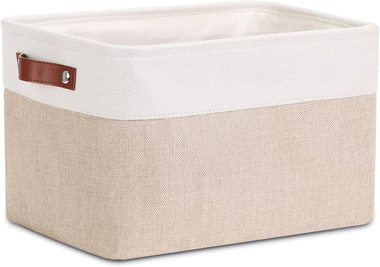 DULLEMELO Collapsible Rectangle Fabric Storage Basket for Organizing Clothes, Toys, Towels, Books, Laundry, Nursery, Dog Toys (White & Khaki)