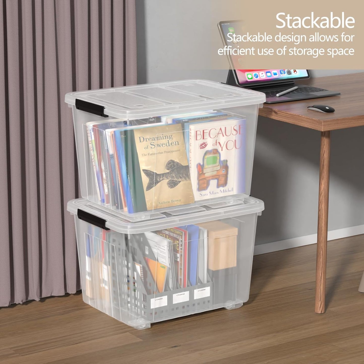 Zopnny 70 Qt Large Plastic Storage Box with Wheel, Clear Storage Latch Box with Lid, 4 Pack