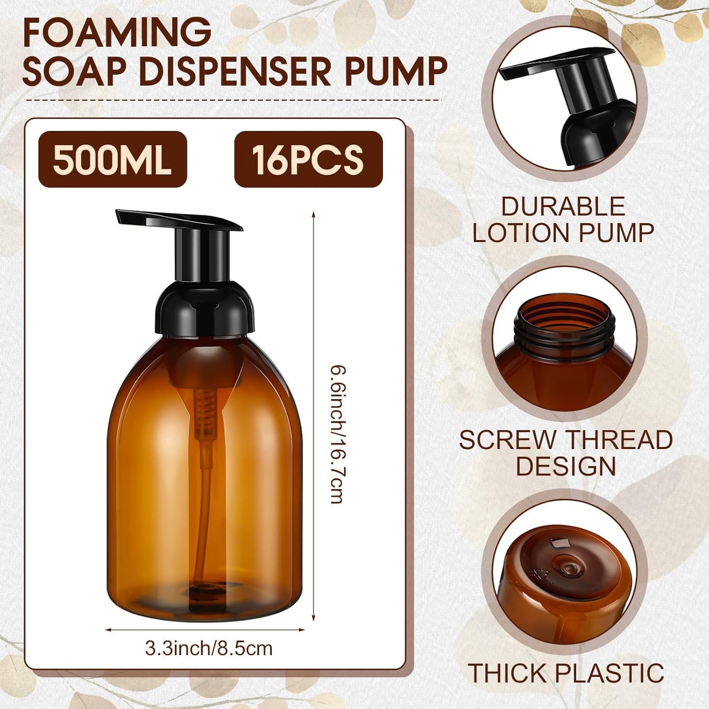 Uiifan 16 Pcs 17 oz Amber Foaming Soap Dispenser Refillable Foam Pump Bottle Liquid Plastic Container for Kitchen Bathroom Commercial Concentrated or Regular Shampoo Body Wash Dish Liquid Soap