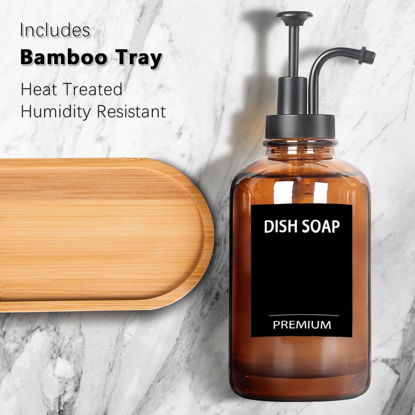 Amber 18 Oz Dish Soap Dispenser for Kitchen, Ultra-Thick Glass Soap Dispenser Set with Tray, Pump, Funnel for Bathroom, Liquid, Lotion, Shower, Laundry, (2 Pack with 12 Stickers)