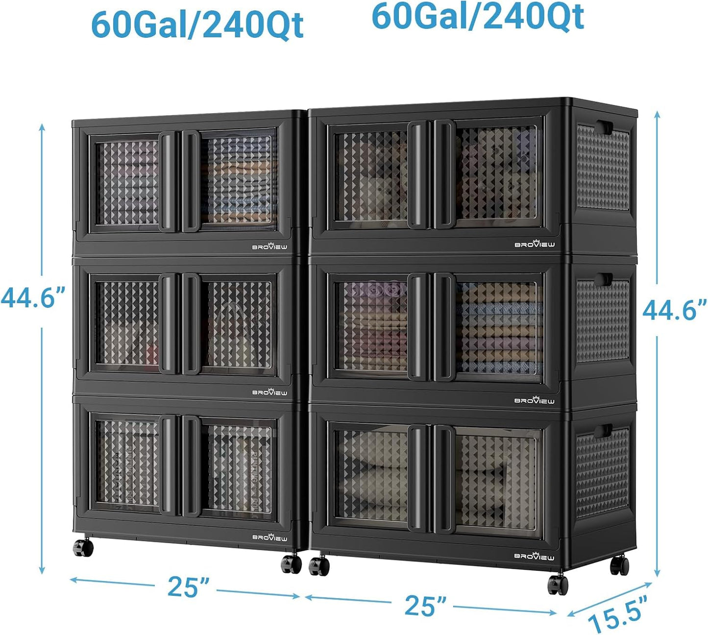 BROVIEW 120Gal Stackable Storage Bins with Lids & Wheels, 480Qt Plastic Collapsible Closet Organizer and Storage Drawers, Storage Boxes Cabinets for Home, Office, 6 Pack, Black