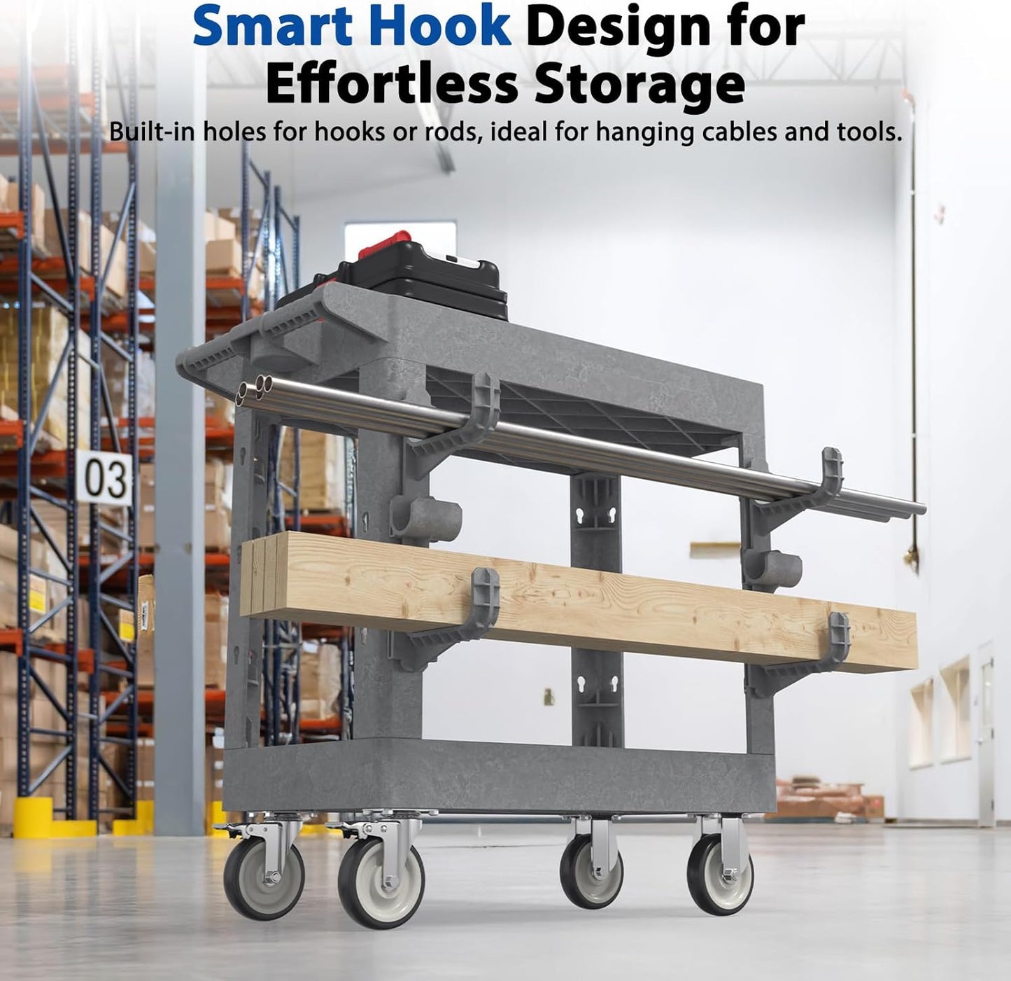 Heavy Duty Rolling Utility Cart with Wheels 2 Tier Utility Plastic Service Work Cart for Shop, Garage, Warehouse, Maintenance 550 lbs