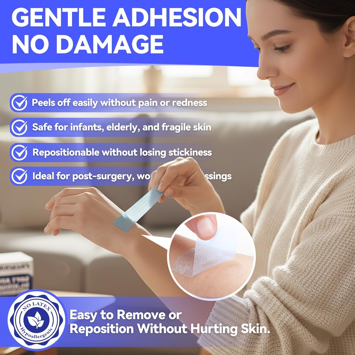 FRESINIDER Silicone Medical Tape – 1" x 5 Yard Blue 1 Roll, Pre-Cut, Waterproof & Repositionable, Pain-Free Removal, Hypoallergenic Adhesive for Sensitive Skin, Wound Care & First Aid Use