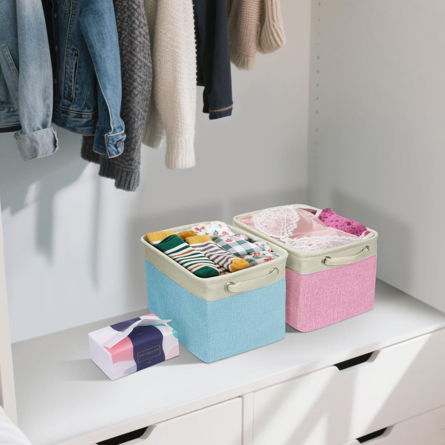 BALEINE 3 Pack Fabric Storage Bins for Shelves, Linen Storage Baskets for Organizing, Decorative Closet Bins for Clothes, Home (Green, 12"x8"x8")