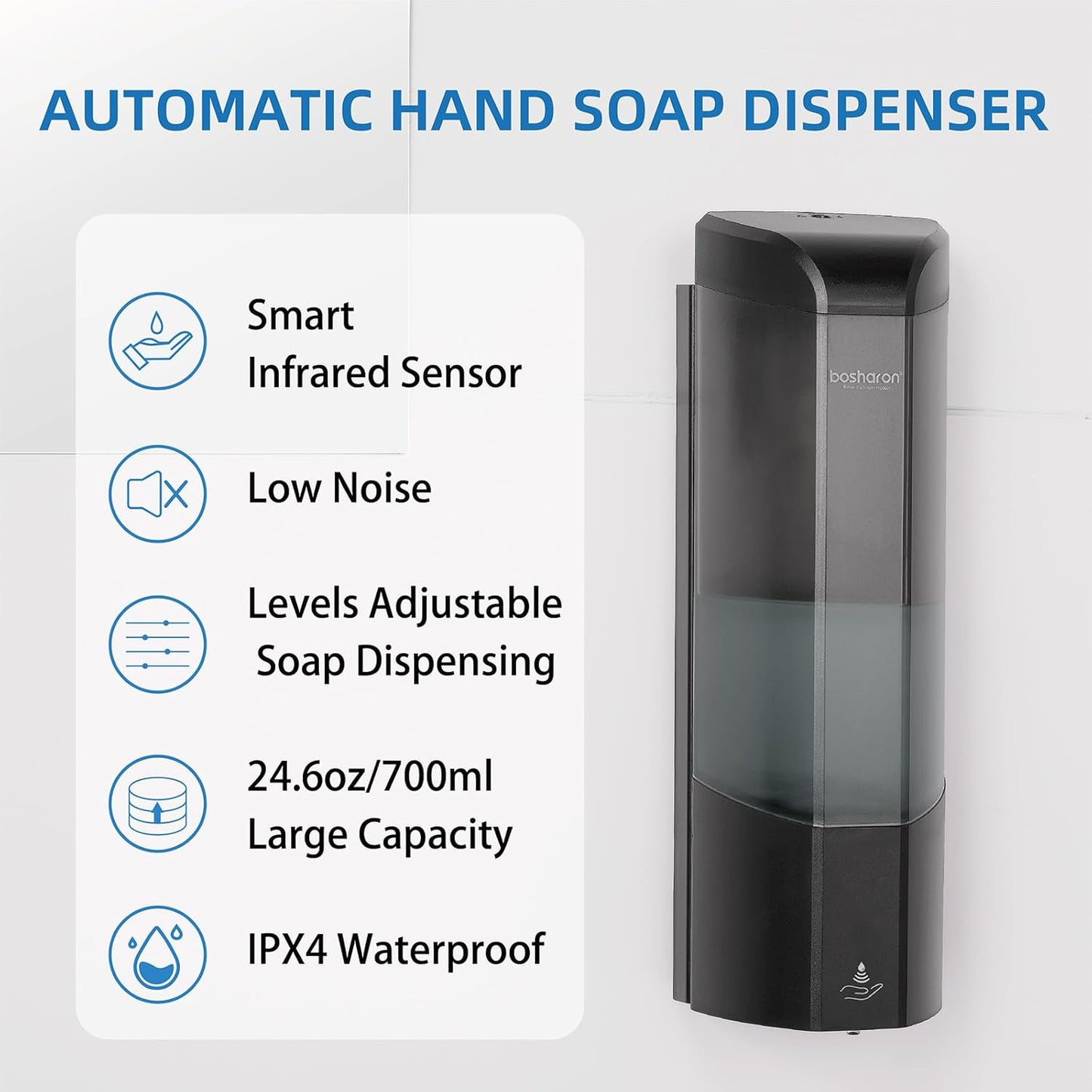 Automatic Soap Dispenser, Wall Mounted Liquid Soap Dispenser 24.6oz/700ml with Infrared Sensor, Touchless Battery Operated Hand Soap Dispenser with 3 Adjustable Soap Levels for Bathroom (Black)