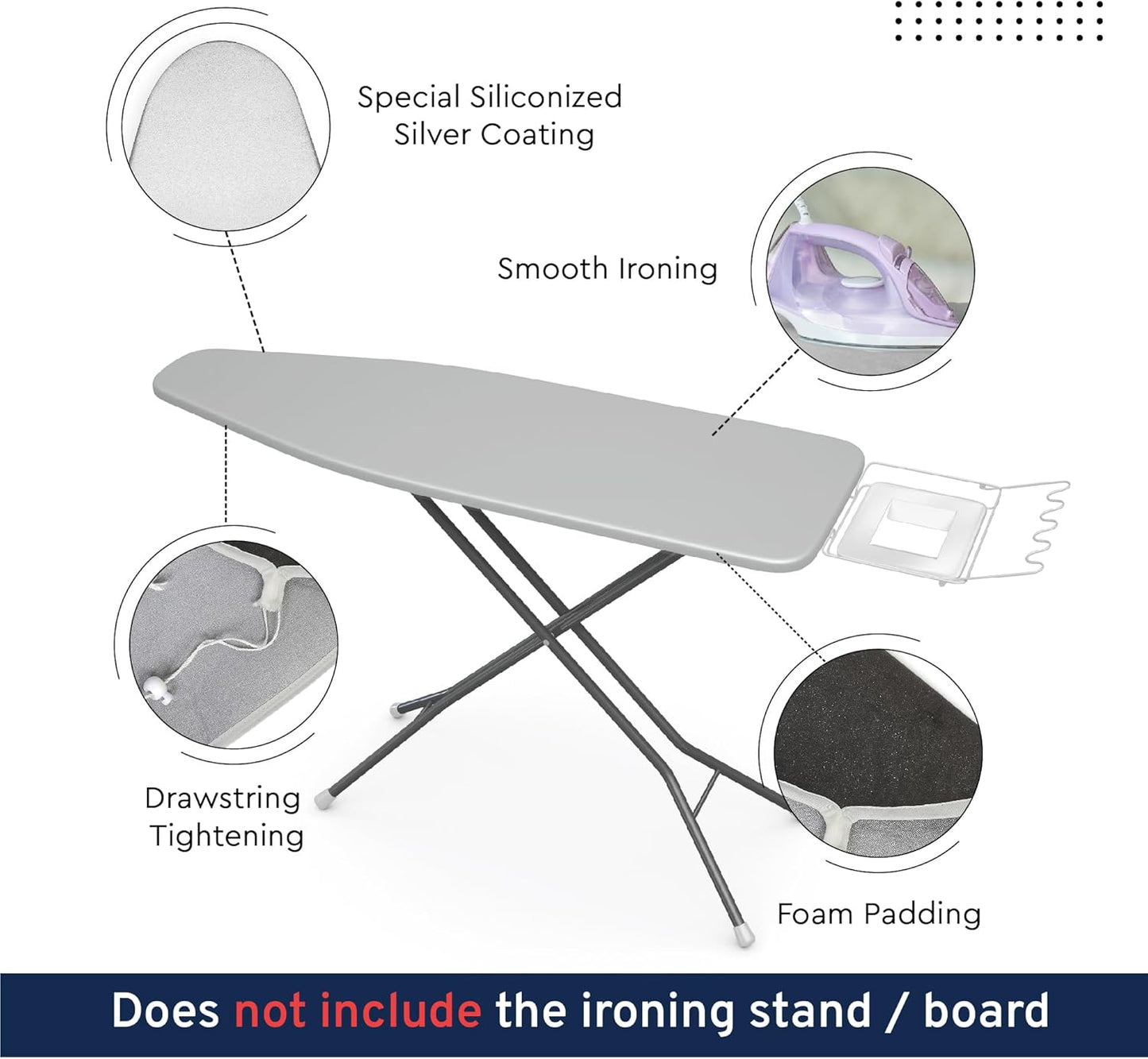 Encasa XO Ironing Board Cover and Pad 49"x18" - Metallised 'Silver Super Luxury' with Foam & Felt Pad, Fits Wide Iron Boards - Heat Reflective, Scorch Resistant, Bungee Elasticated, 3 Fasteners