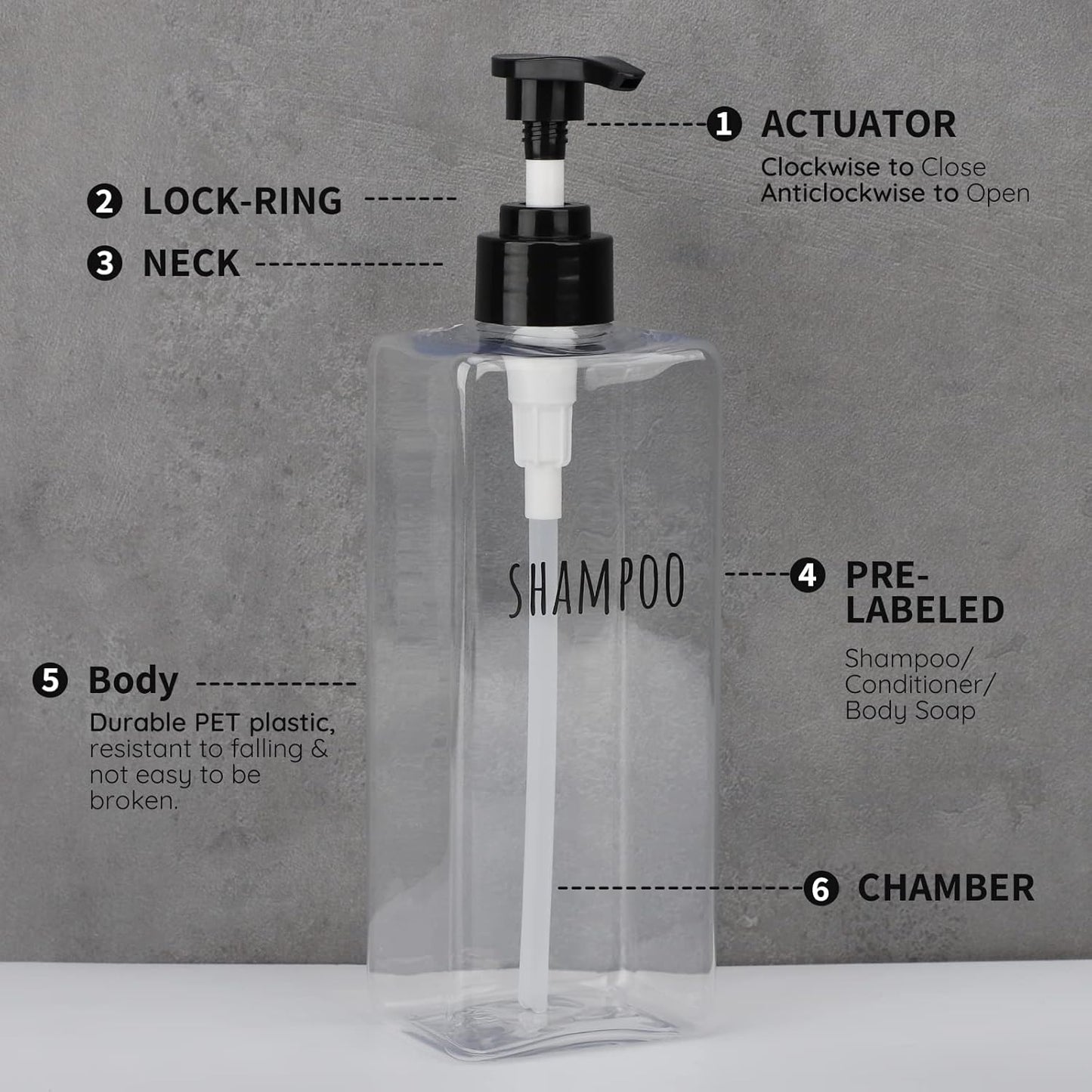 Segbeauty Clear Square Shampoo Bottles, 3pcs 16.9oz Refillable Plastic Lotion Dispenser with Pump, 500ml Empty Reusable Bathroom Shower Bottle Dispense Shampoo Conditioner Body Soap Liquid Gel