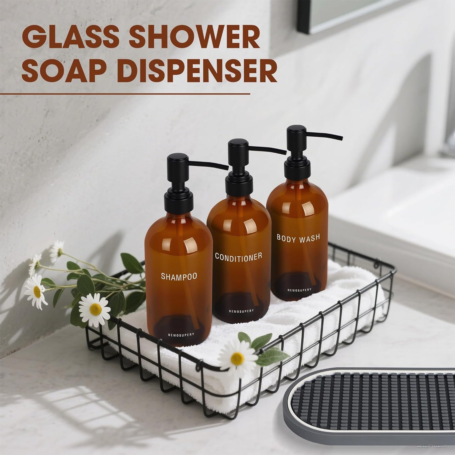 Glass Shampoo and Conditioner Dispenser-Shampoo Dispenser for Shower-16.9 fl oz Set of 3 Refillable Glass Bottles with Pump and Labels-Shower Soap Dispenser for Bathroom(Amber)