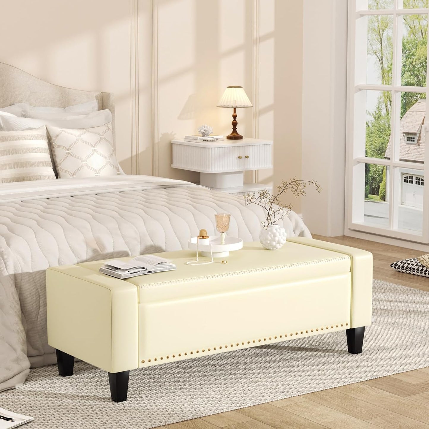 48.8" Storage Ottoman Bench Cream White | Faux Leather Bedroom Bench with Lift Top for Living Room & Bed End