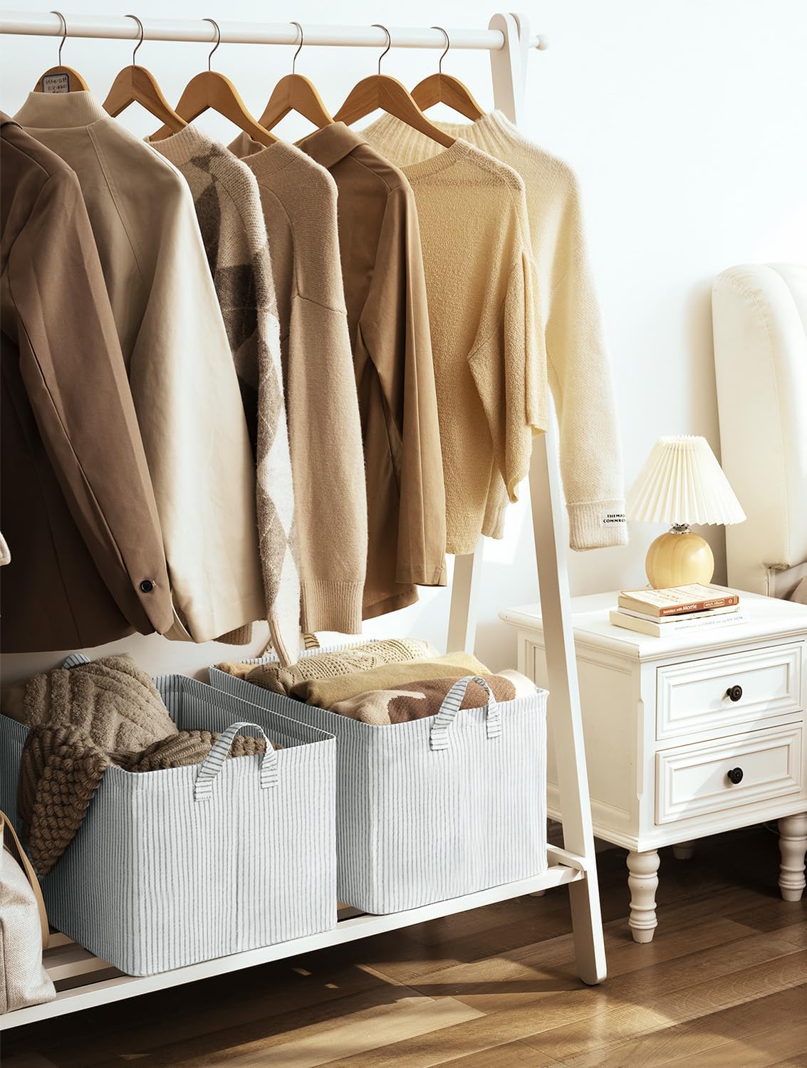 StorageWorks Storage Bins, Fabric Storage Bins for Shelves, Extra Large Storage Baskets with Metal Frame, Closet Baskets and Bins with Handles, Jumbo, Gray and White Stripes, 2-Pack