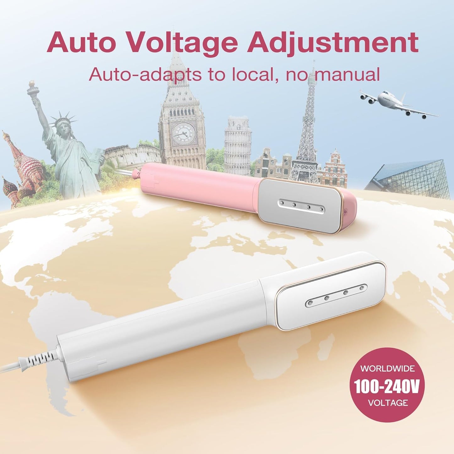 Newbealer 2in1 Travel Iron with Global Voltage, 100-240V Clothes Steamer, Dry Ironing & 2 Steam Levels, Non-Stick Ceramic Soleplate, Fabric Wrinkle Remover, Auto-off, Self Cleaning, No Clamp (Pink)