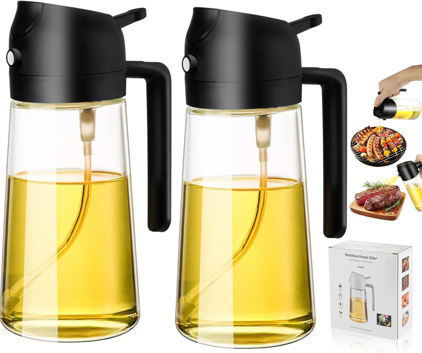2-in-1 Glass Oil Dispenser & Sprayer - 16oz/470ml Leakproof Bottle for Cooking, Air Fryer, BBQ, Baking, Salad (Transparent Black 2PCS)