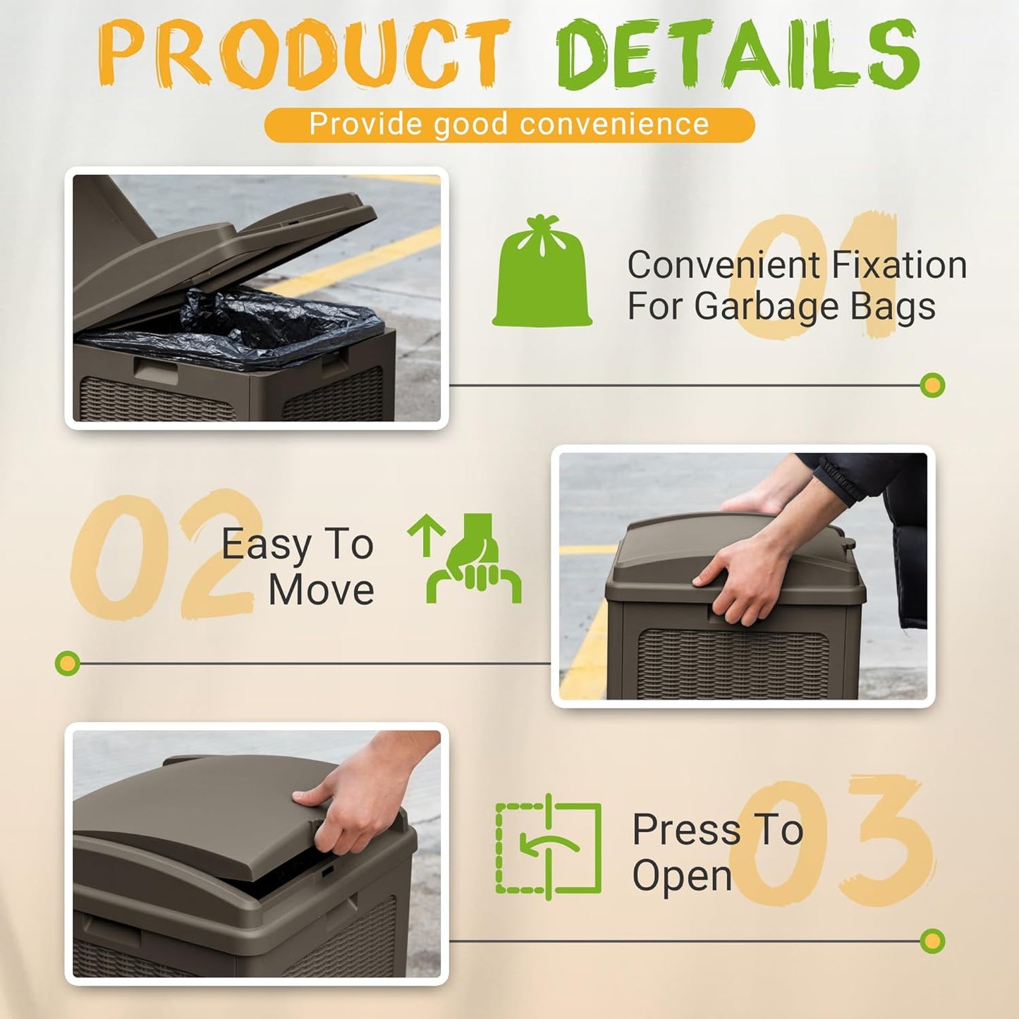 YESHOMY 2 Pack Outdoor Trash Can with Lid, Garbage Bins for Garden, Porch, Home and Kitchen, Brown