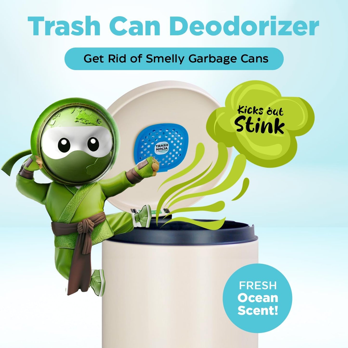 Trash Ninja Trash Can Deodorizer – Stick-On Air Freshener with Activated Charcoal and Fresh Ocean Scent for Kitchen, Bathroom, Fridge, Dumpster, and Trash Compactor Smell Removal