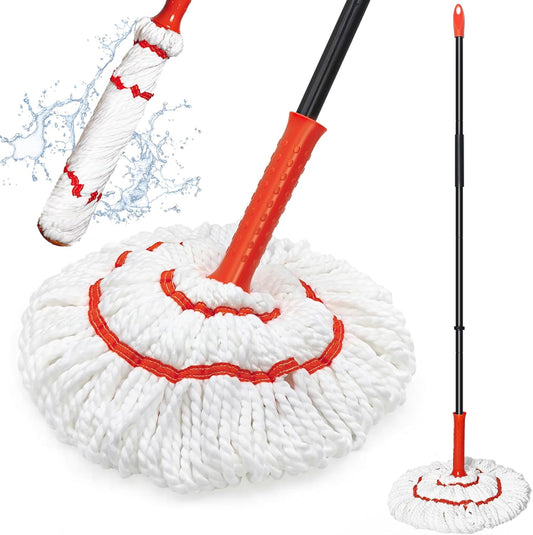 Self Wringing Twist Mop for Floor Cleaning, 57.5 inches Long Handle Cotton String Mop with Wringer, Washable Microfiber Wet Mop with Scouring Pad for Hardwood, Tile, Bathtub, Kitchen