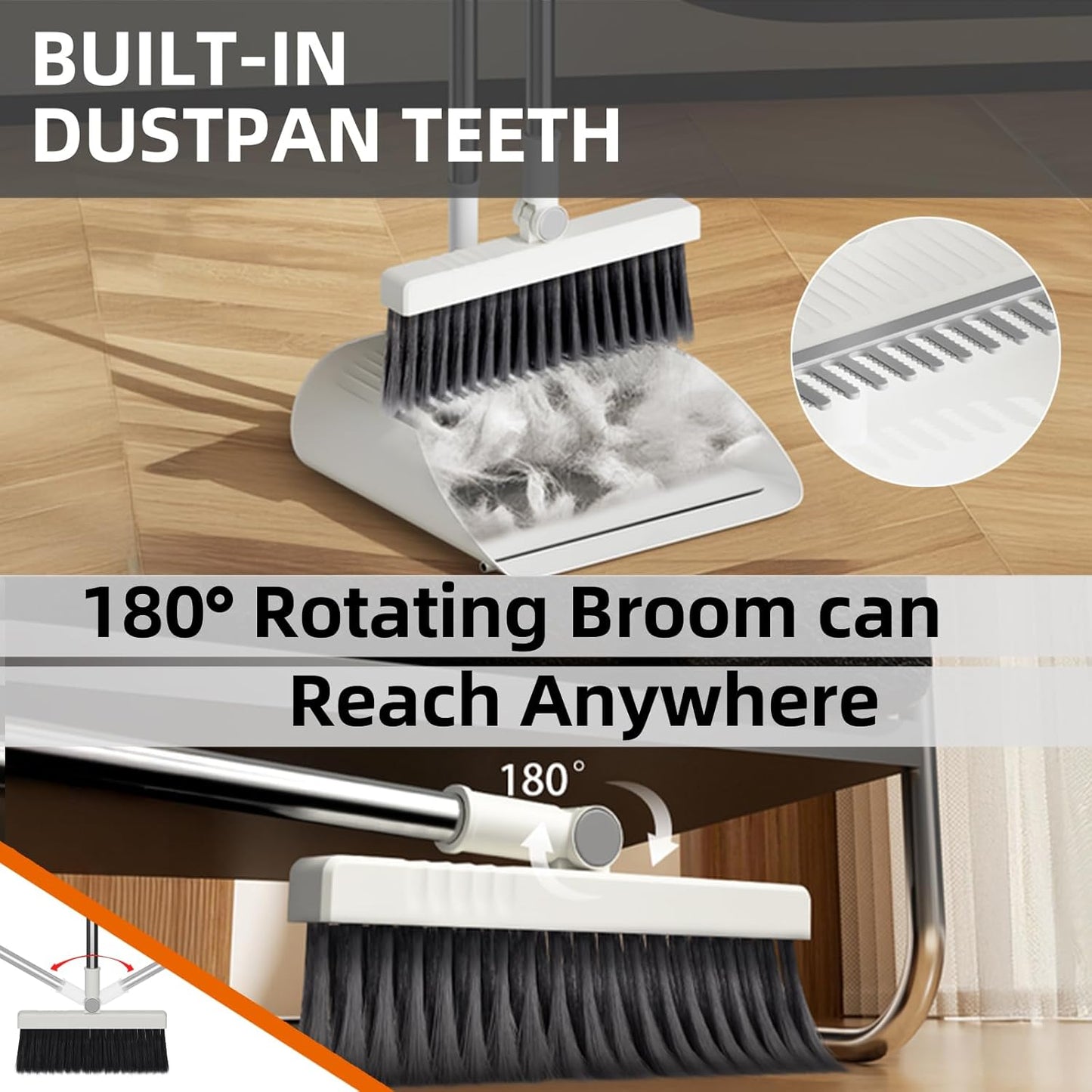 Upgrade Broom with Dustpan Combo Set, Broom and Dustpan Set with Adjustable Handle，Self-Cleaning Dustpans Teeth for Home Kitchen Office Hall Floor，ZeroGap Lip （White&Grey）