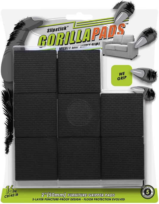 GorillaPads Non Slip Furniture Pads/Floor Gripping Pads (Set of 16 Grips) 2 Inch Square Floor Protectors for Under Furniture, Black, CB142-16